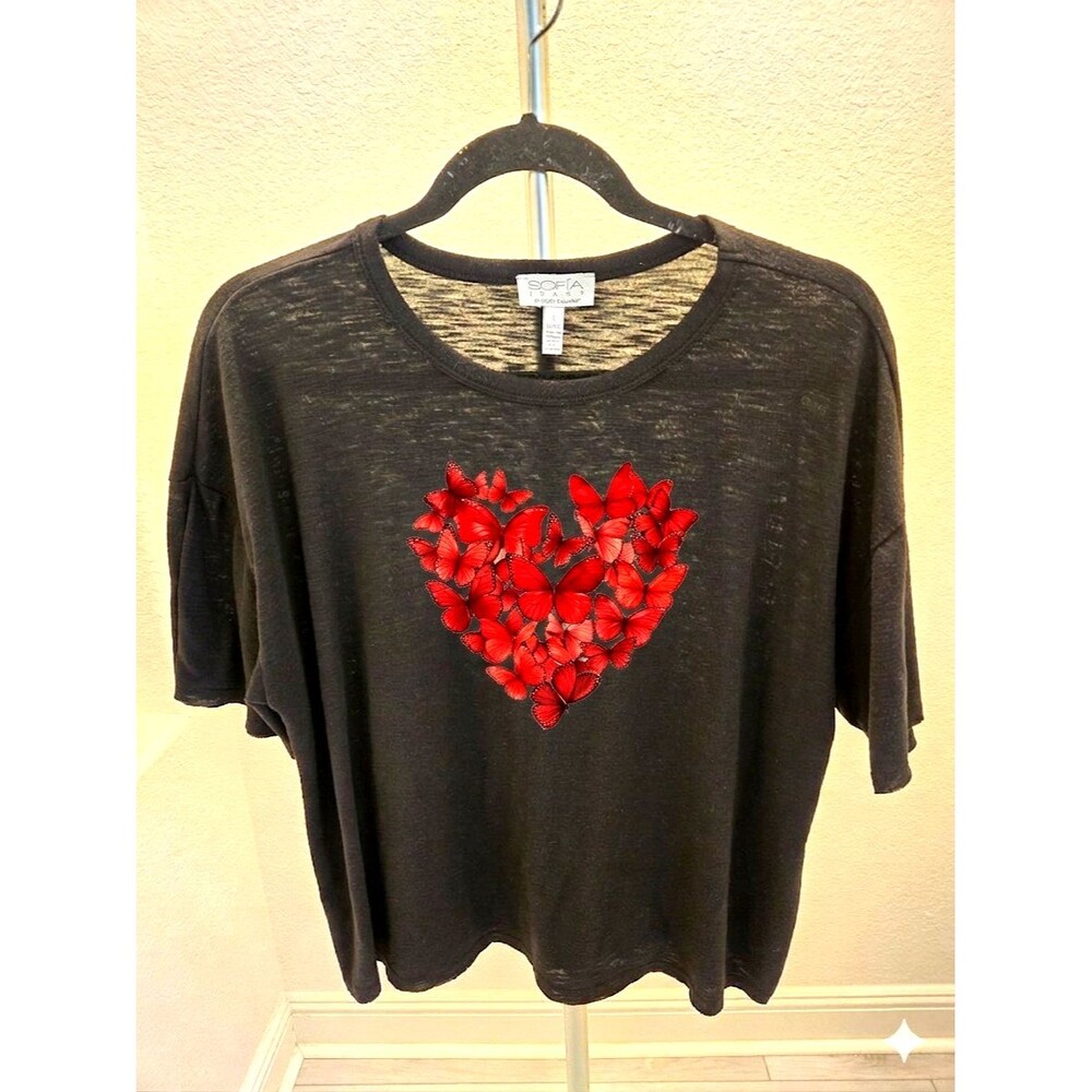 Sofia Jeans Black Red Butterfly Heart Graphic L Womens Oversized Lightweight Top
